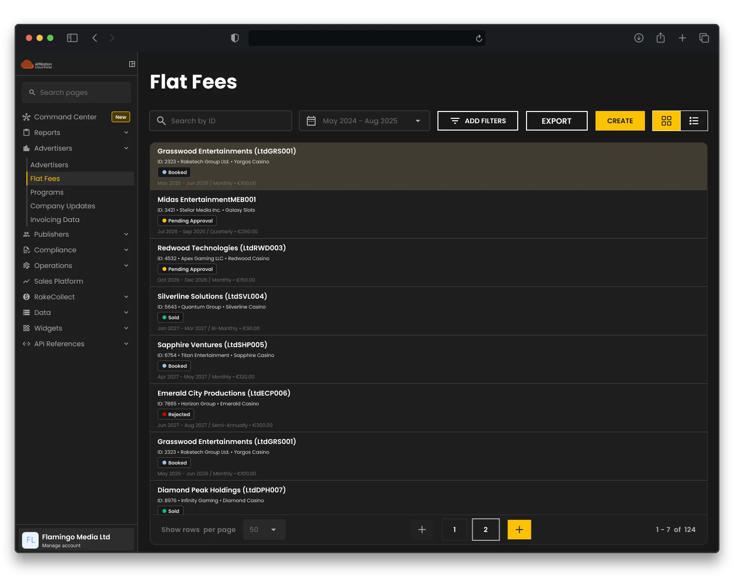 Admin side — dark theme, Flat Fees