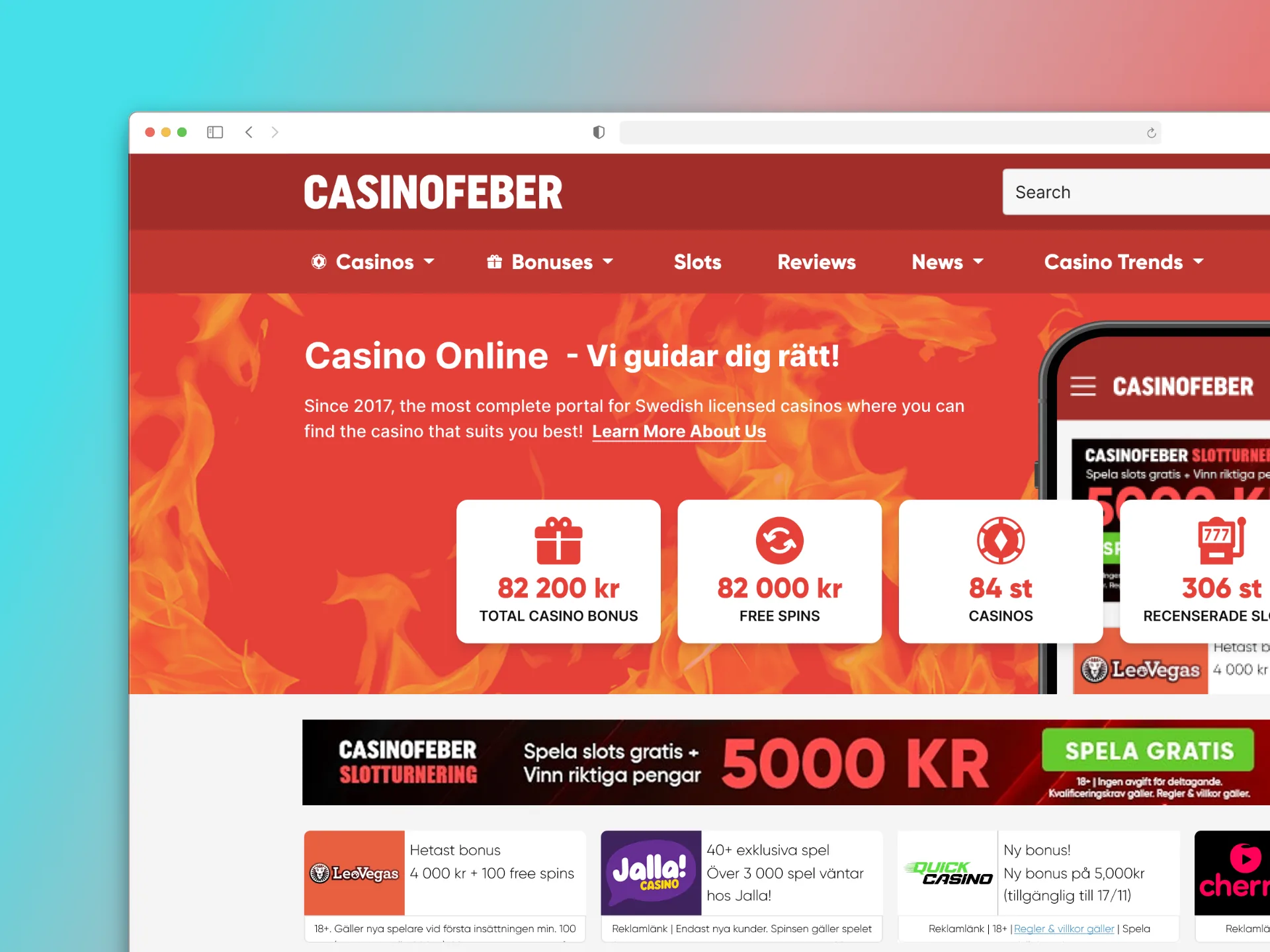 CasinoFeber homepage: nav with Casinos, Bonuses, Slots, Reviews, News and Casino Trends, stat counters for total bonus, free spins and casinos, and the current promo cards